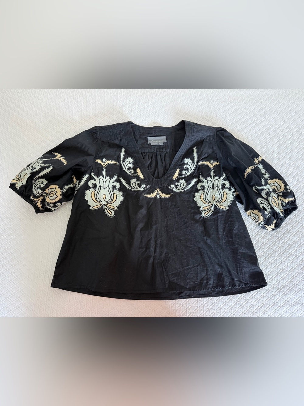 Anthropologie Black Embroidered V-Neck Tunic with Cream Accents